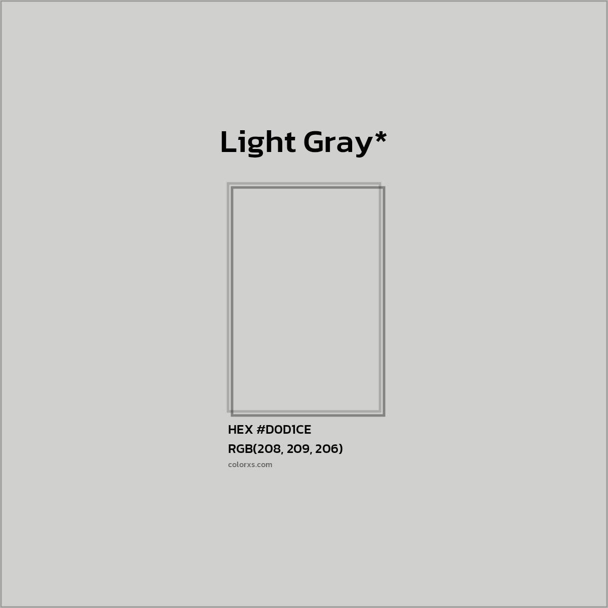 #D0D1CE hex color. RGB, RYB, CMYK, HSL, HSV codes and color conversions. Matching color names, palettes, paints.