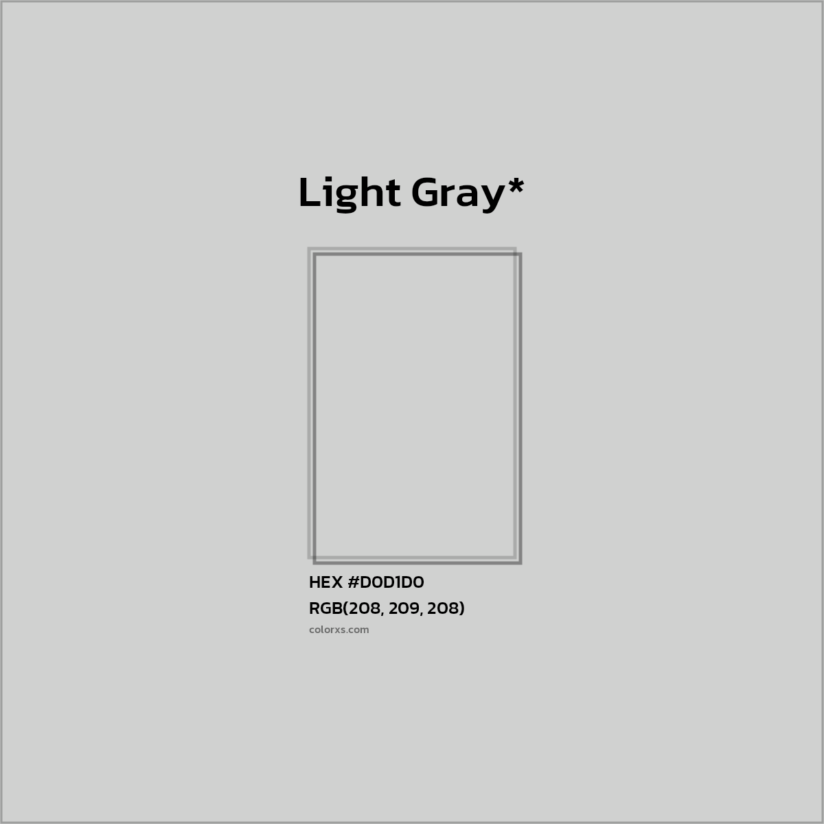 #D0D1D0 hex color. RGB, RYB, CMYK, HSL, HSV codes and color conversions. Matching color names, palettes, paints.