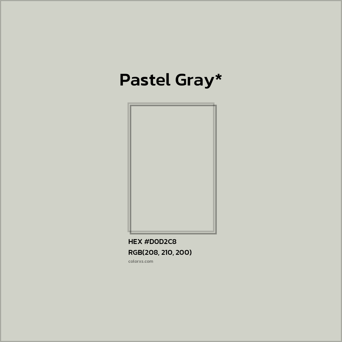 #D0D2C8 hex color. RGB, RYB, CMYK, HSL, HSV codes and color conversions. Matching color names, palettes, paints.