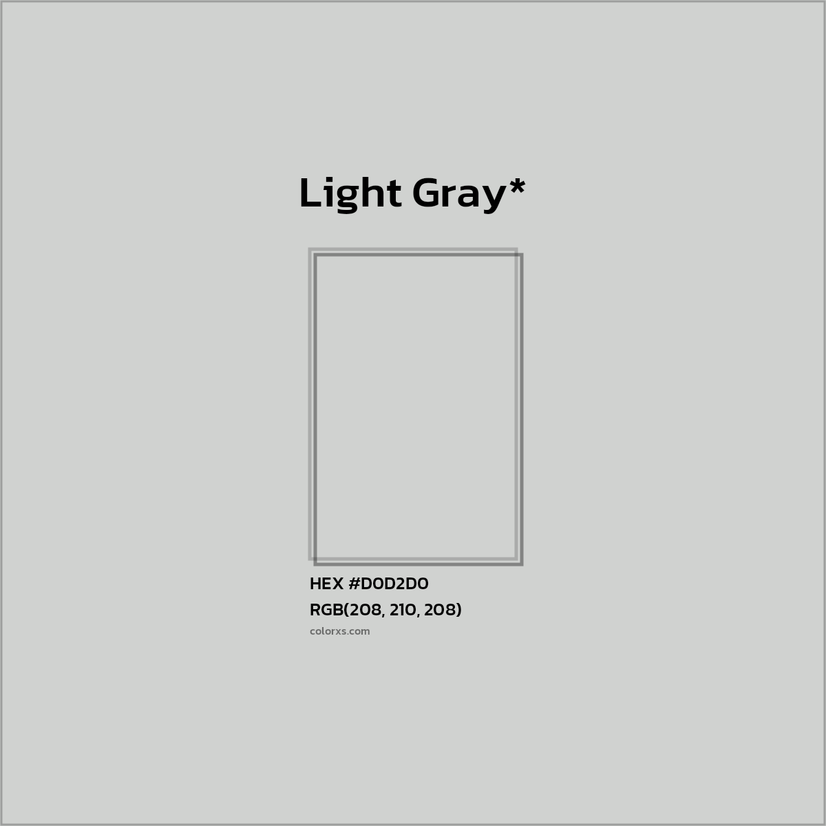#D0D2D0 hex color. RGB, RYB, CMYK, HSL, HSV codes and color conversions. Matching color names, palettes, paints.