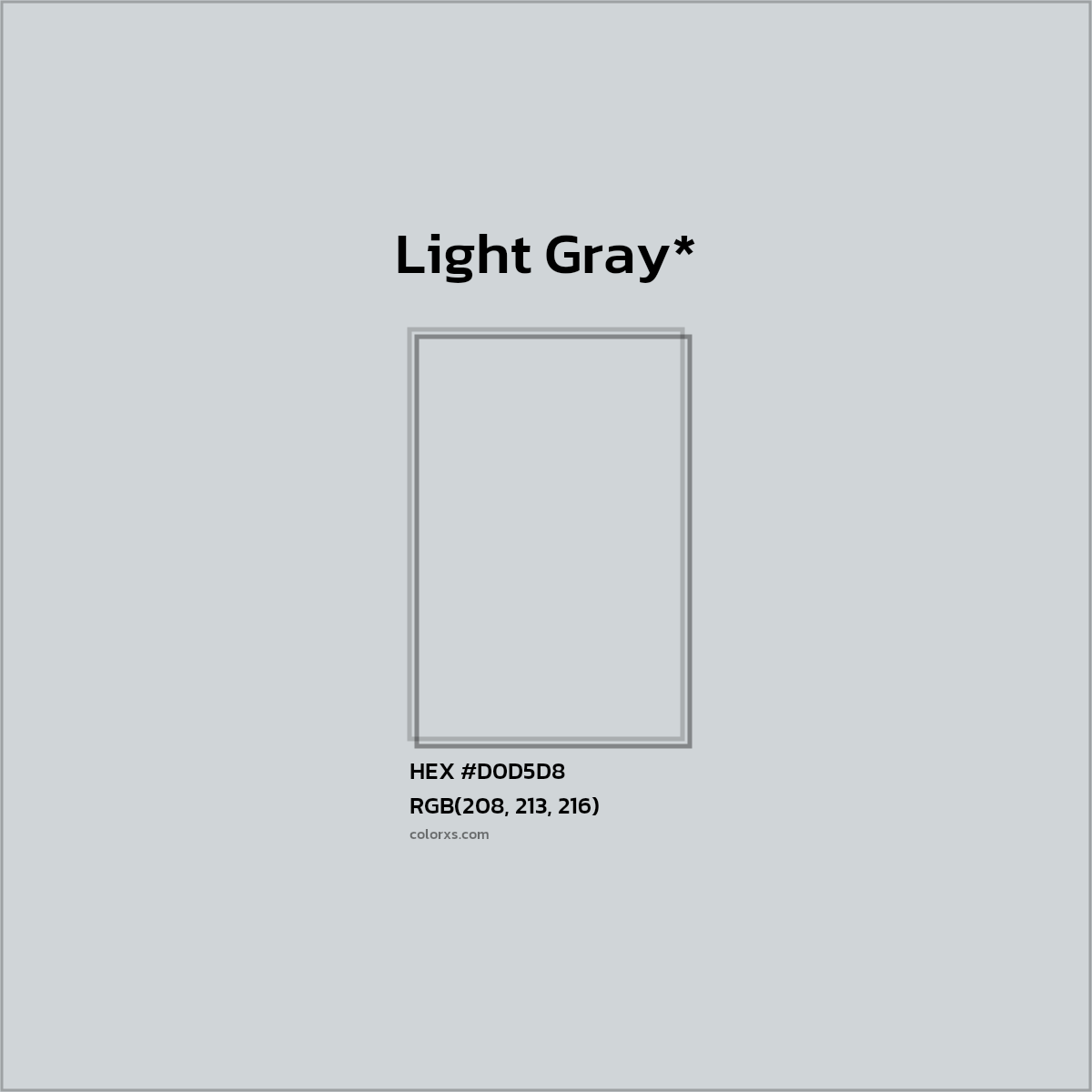#D0D5D8 hex color. RGB, RYB, CMYK, HSL, HSV codes and color conversions. Matching color names, palettes, paints.