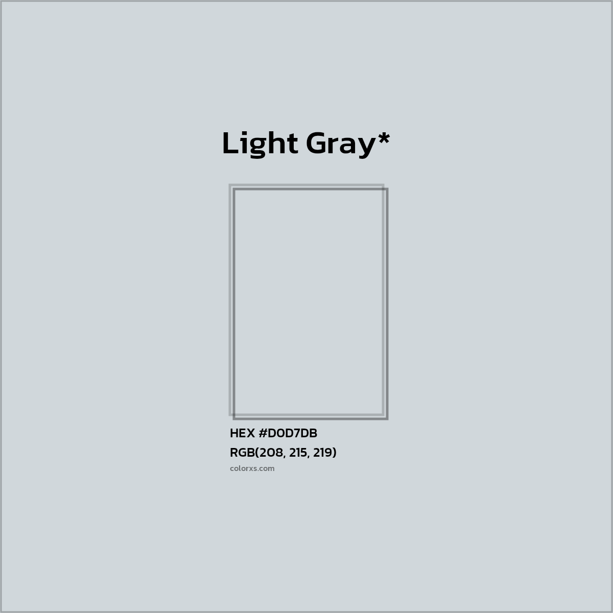 #D0D7DB hex color. RGB, RYB, CMYK, HSL, HSV codes and color conversions. Matching color names, palettes, paints.