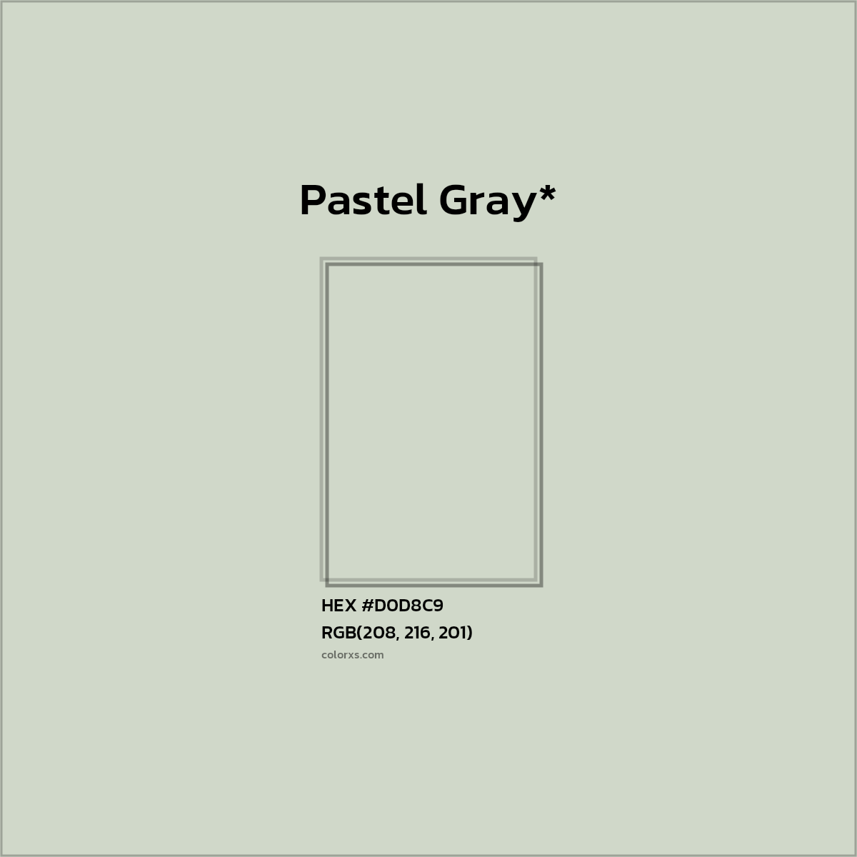 #D0D8C9 hex color. RGB, RYB, CMYK, HSL, HSV codes and color conversions. Matching color names, palettes, paints.