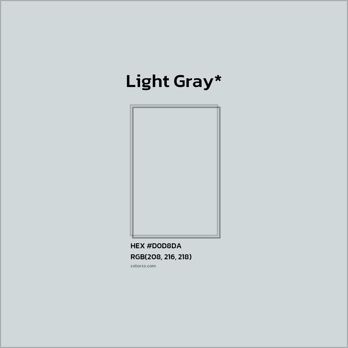 #D0D8DA hex color. RGB, RYB, CMYK, HSL, HSV codes and color conversions. Matching color names, palettes, paints.