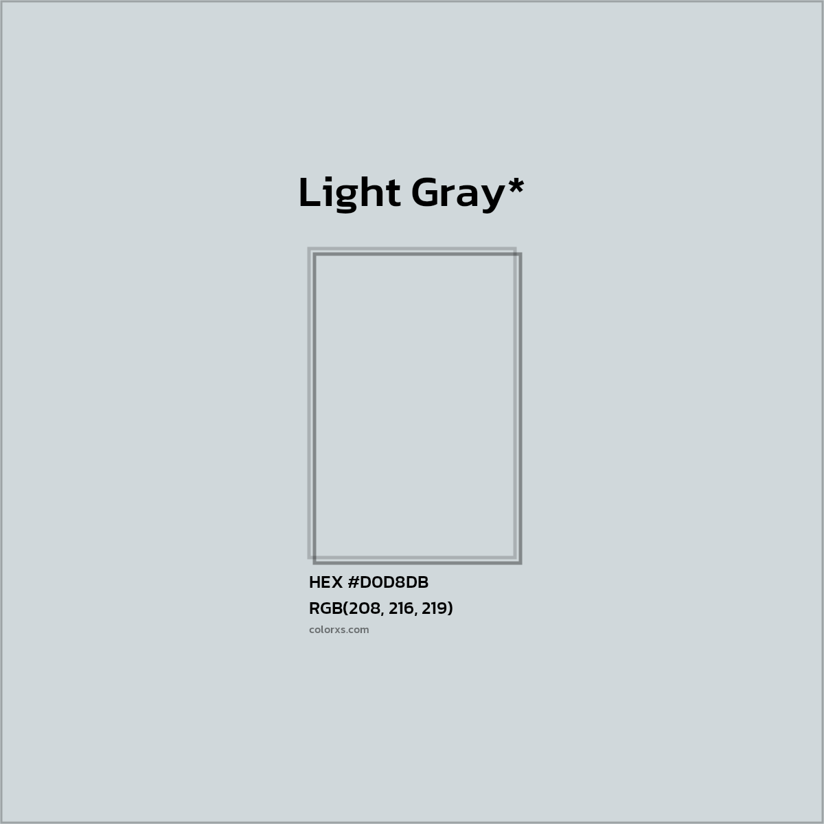 #D0D8DB hex color. RGB, RYB, CMYK, HSL, HSV codes and color conversions. Matching color names, palettes, paints.