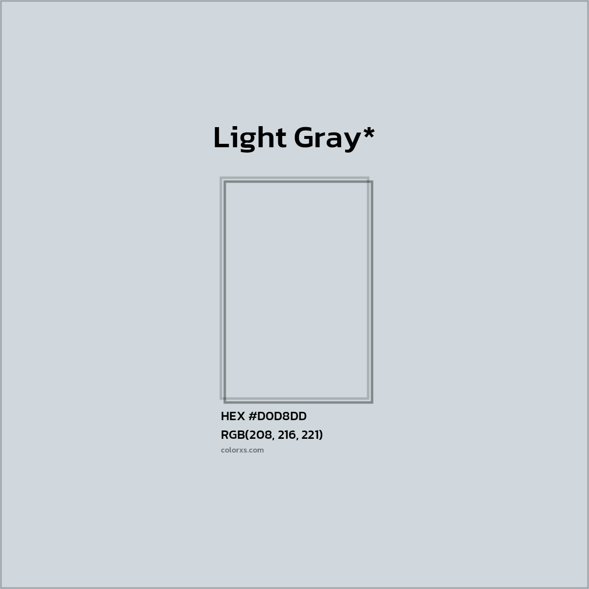 #D0D8DD hex color. RGB, RYB, CMYK, HSL, HSV codes and color conversions. Matching color names, palettes, paints.
