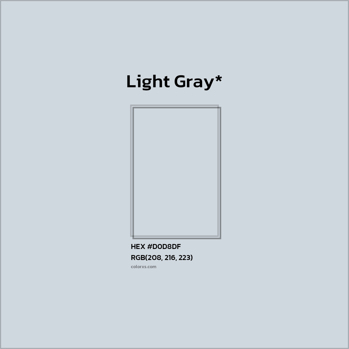 #D0D8DF hex color. RGB, RYB, CMYK, HSL, HSV codes and color conversions. Matching color names, palettes, paints.