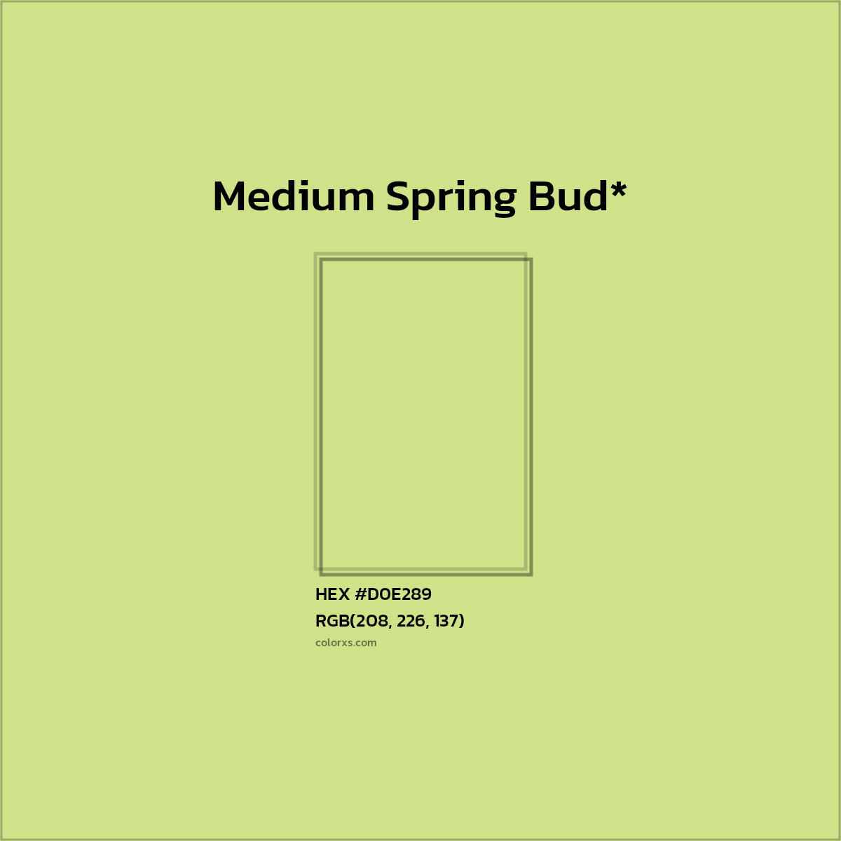 #D0E289 hex color. RGB, RYB, CMYK, HSL, HSV codes and color conversions. Matching color names, palettes, paints.