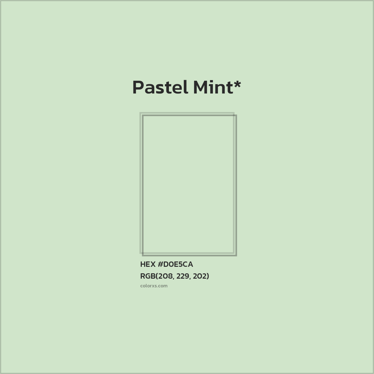 #D0E5CA hex color. RGB, RYB, CMYK, HSL, HSV codes and color conversions. Matching color names, palettes, paints.