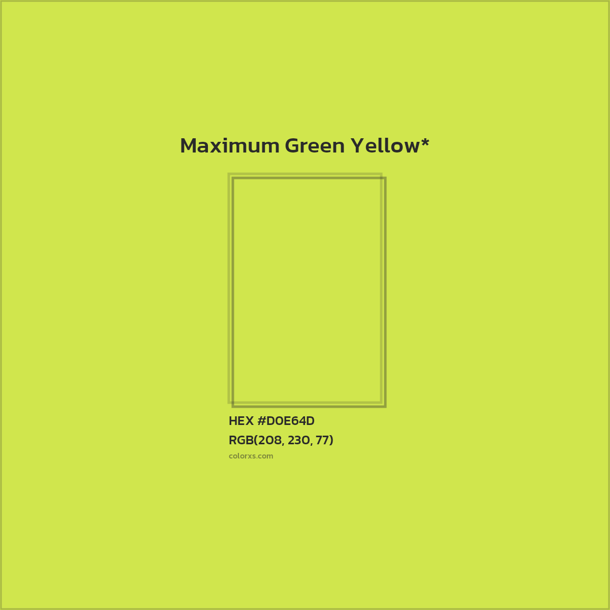 #D0E64D hex color. RGB, RYB, CMYK, HSL, HSV codes and color conversions. Matching color names, palettes, paints.