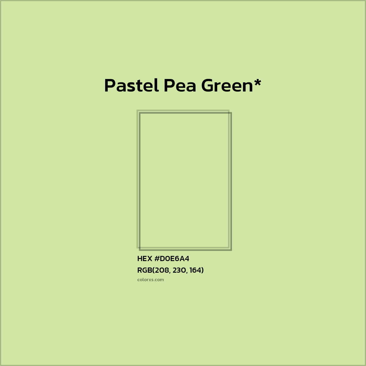 #D0E6A4 hex color. RGB, RYB, CMYK, HSL, HSV codes and color conversions. Matching color names, palettes, paints.