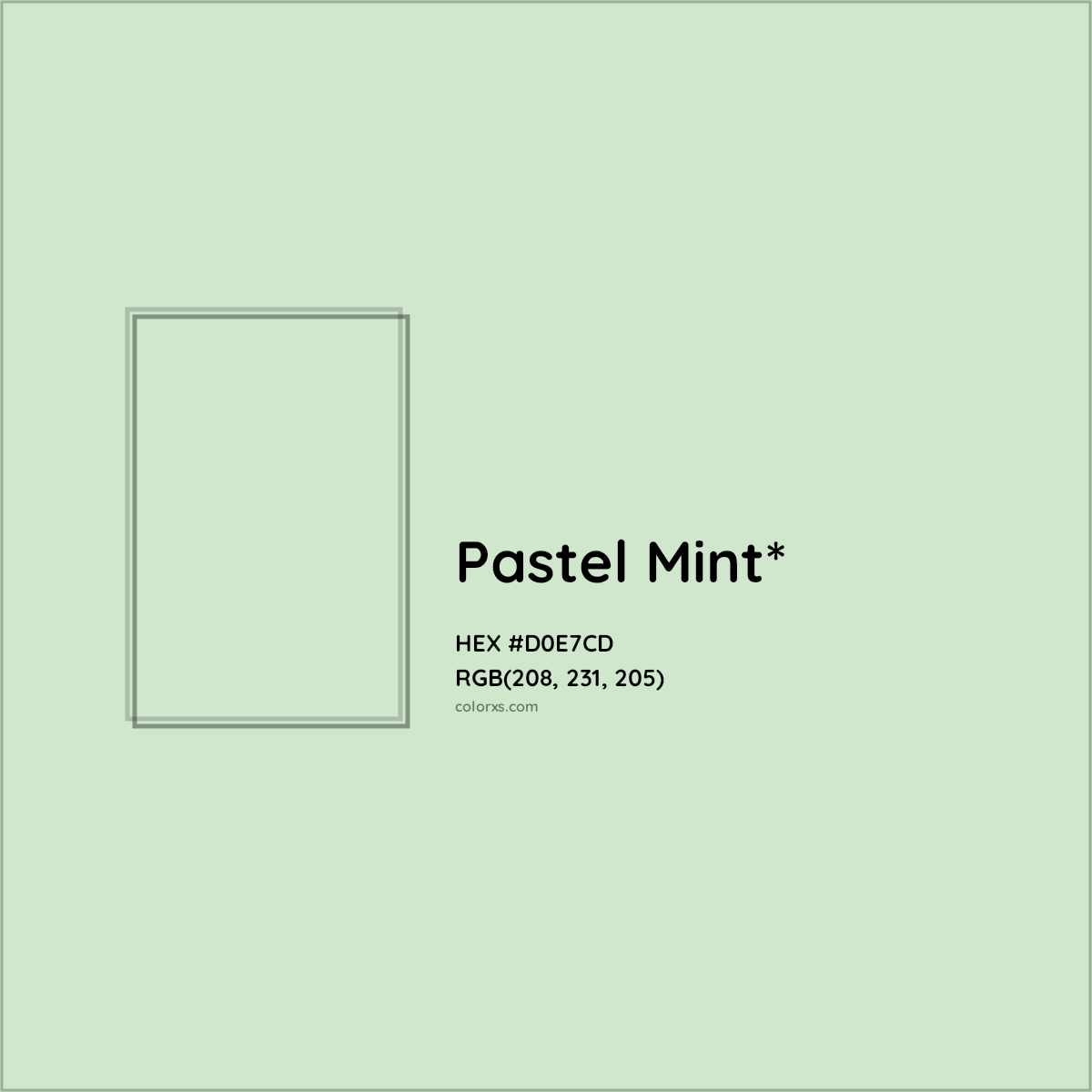 #D0E7CD hex color. RGB, RYB, CMYK, HSL, HSV codes and color conversions. Matching color names, palettes, paints.