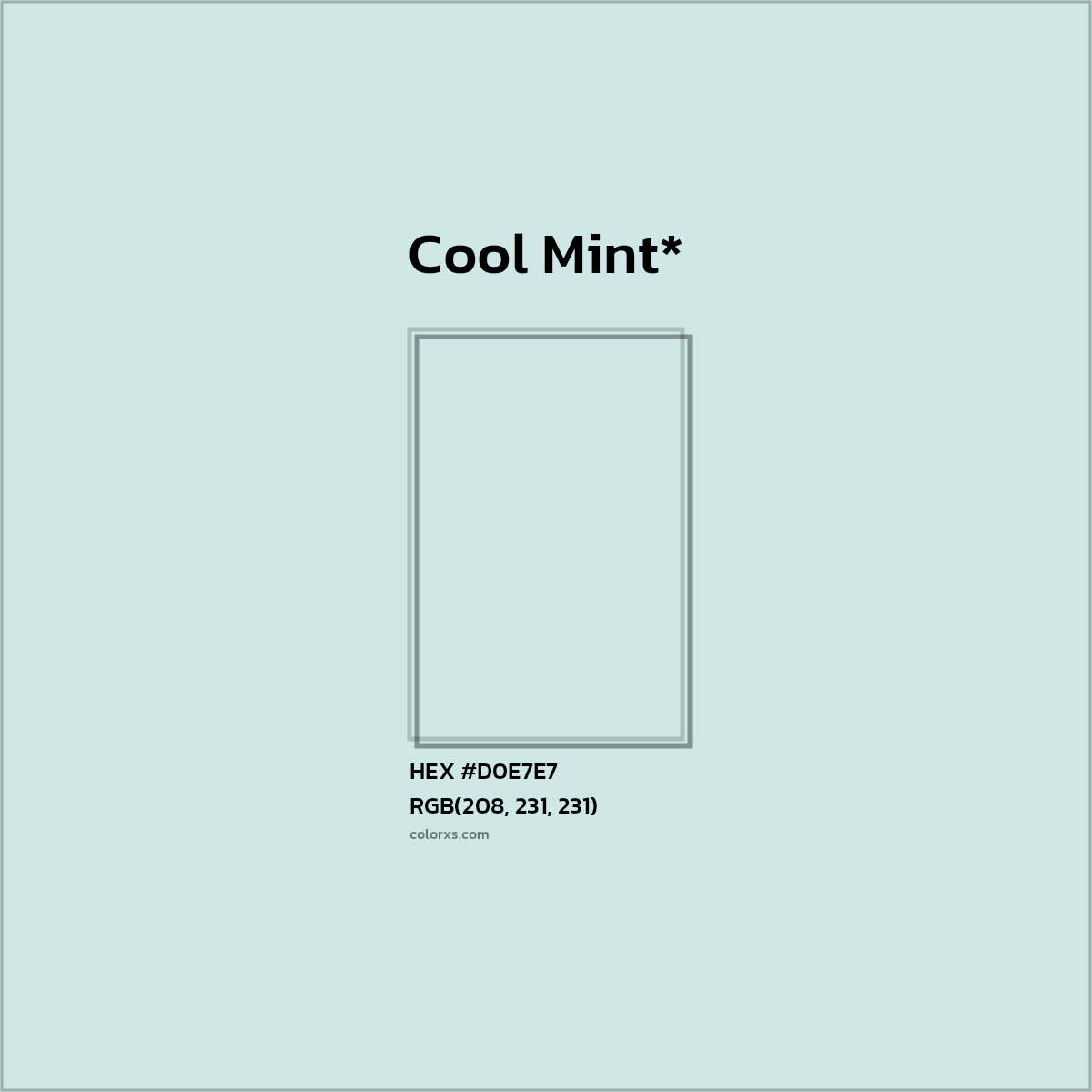 #D0E7E7 hex color. RGB, RYB, CMYK, HSL, HSV codes and color conversions. Matching color names, palettes, paints.