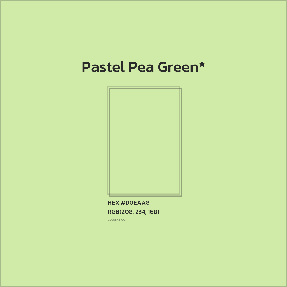 #D0EAA8 hex color. RGB, RYB, CMYK, HSL, HSV codes and color conversions. Matching color names, palettes, paints.