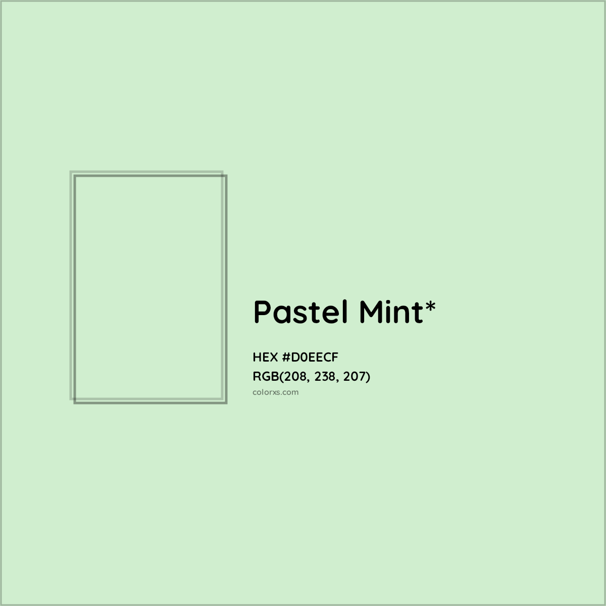 #D0EECF hex color. RGB, RYB, CMYK, HSL, HSV codes and color conversions. Matching color names, palettes, paints.