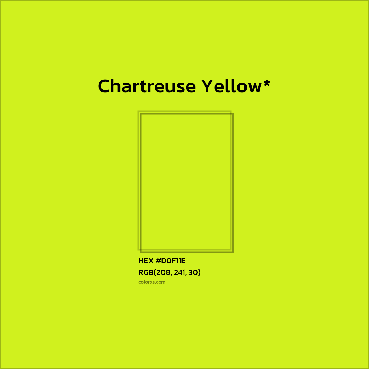 #D0F11E hex color. RGB, RYB, CMYK, HSL, HSV codes and color conversions. Matching color names, palettes, paints.