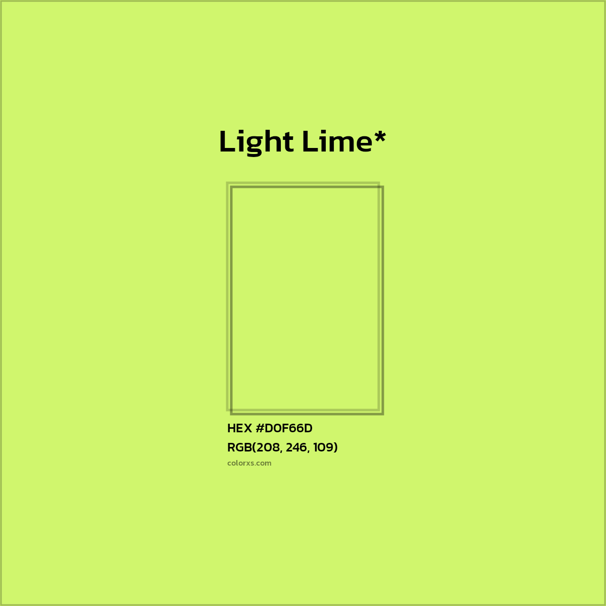 #D0F66D hex color. RGB, RYB, CMYK, HSL, HSV codes and color conversions. Matching color names, palettes, paints.