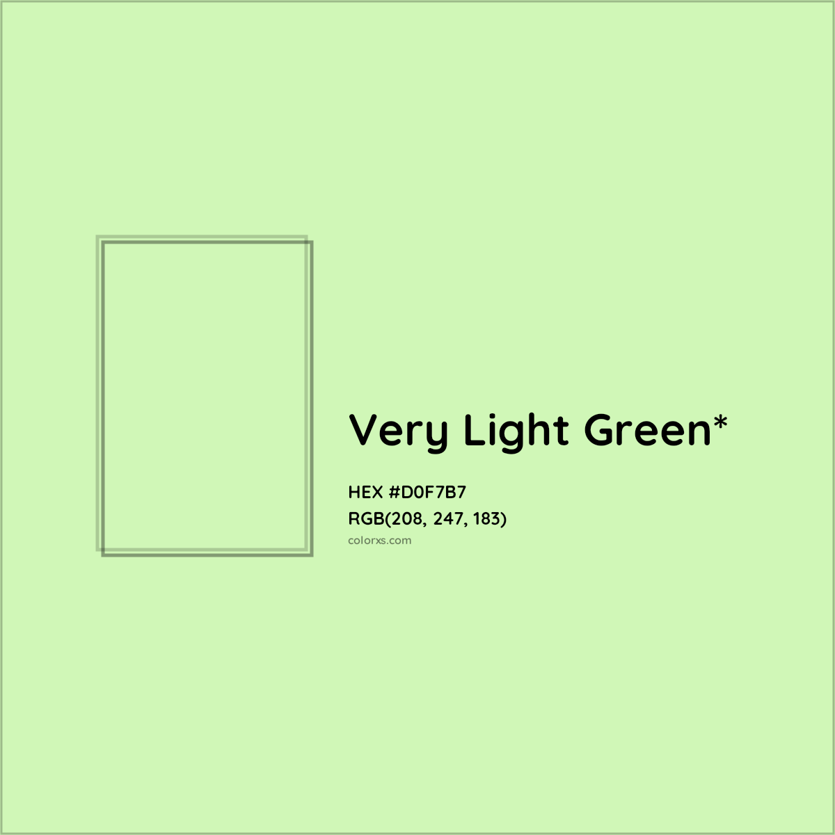 #D0F7B7 hex color. RGB, RYB, CMYK, HSL, HSV codes and color conversions. Matching color names, palettes, paints.