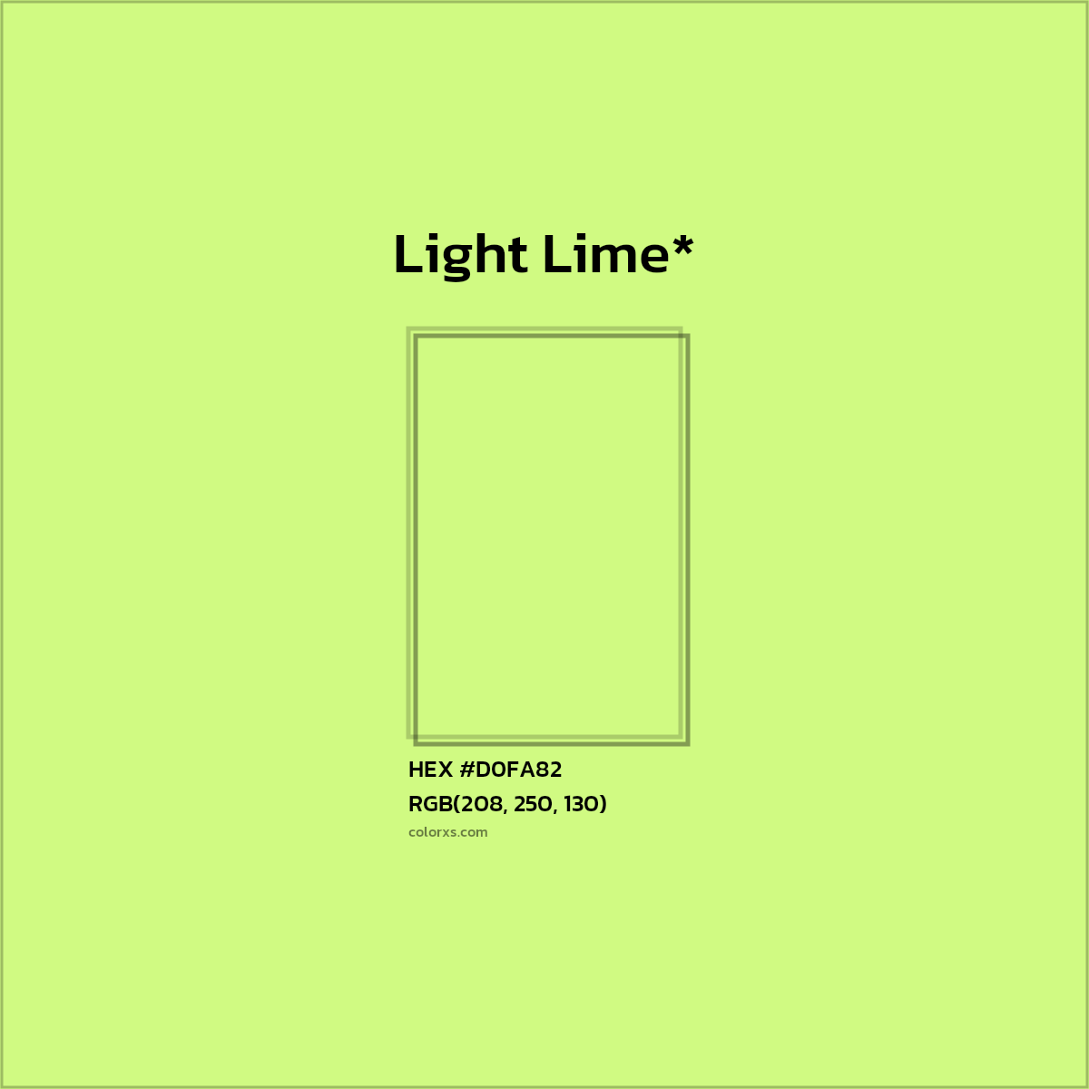 #D0FA82 hex color. RGB, RYB, CMYK, HSL, HSV codes and color conversions. Matching color names, palettes, paints.