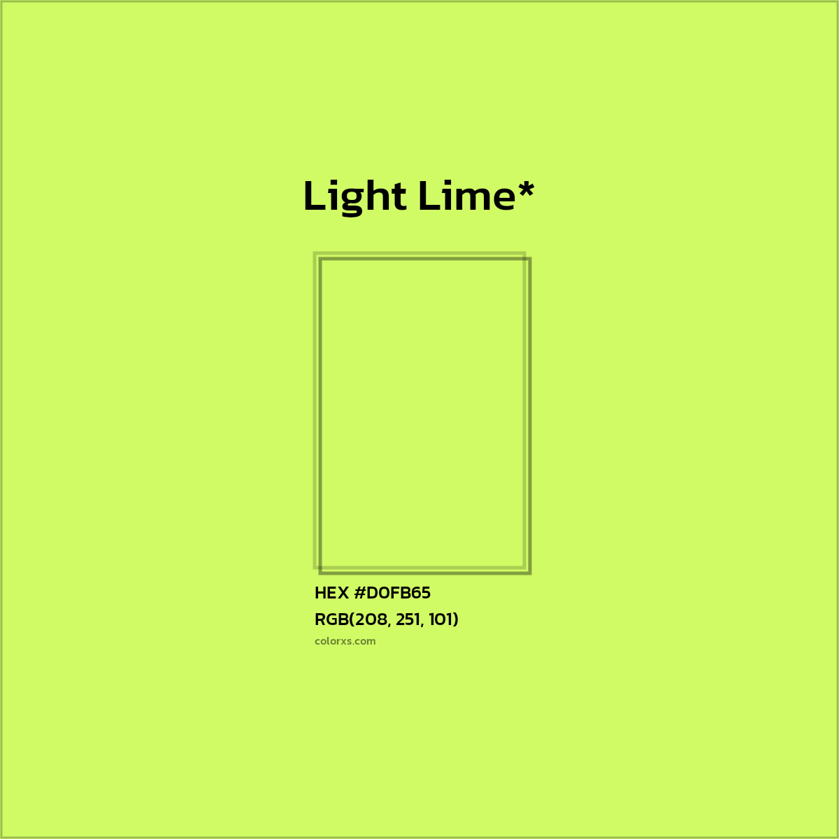 #D0FB65 hex color. RGB, RYB, CMYK, HSL, HSV codes and color conversions. Matching color names, palettes, paints.