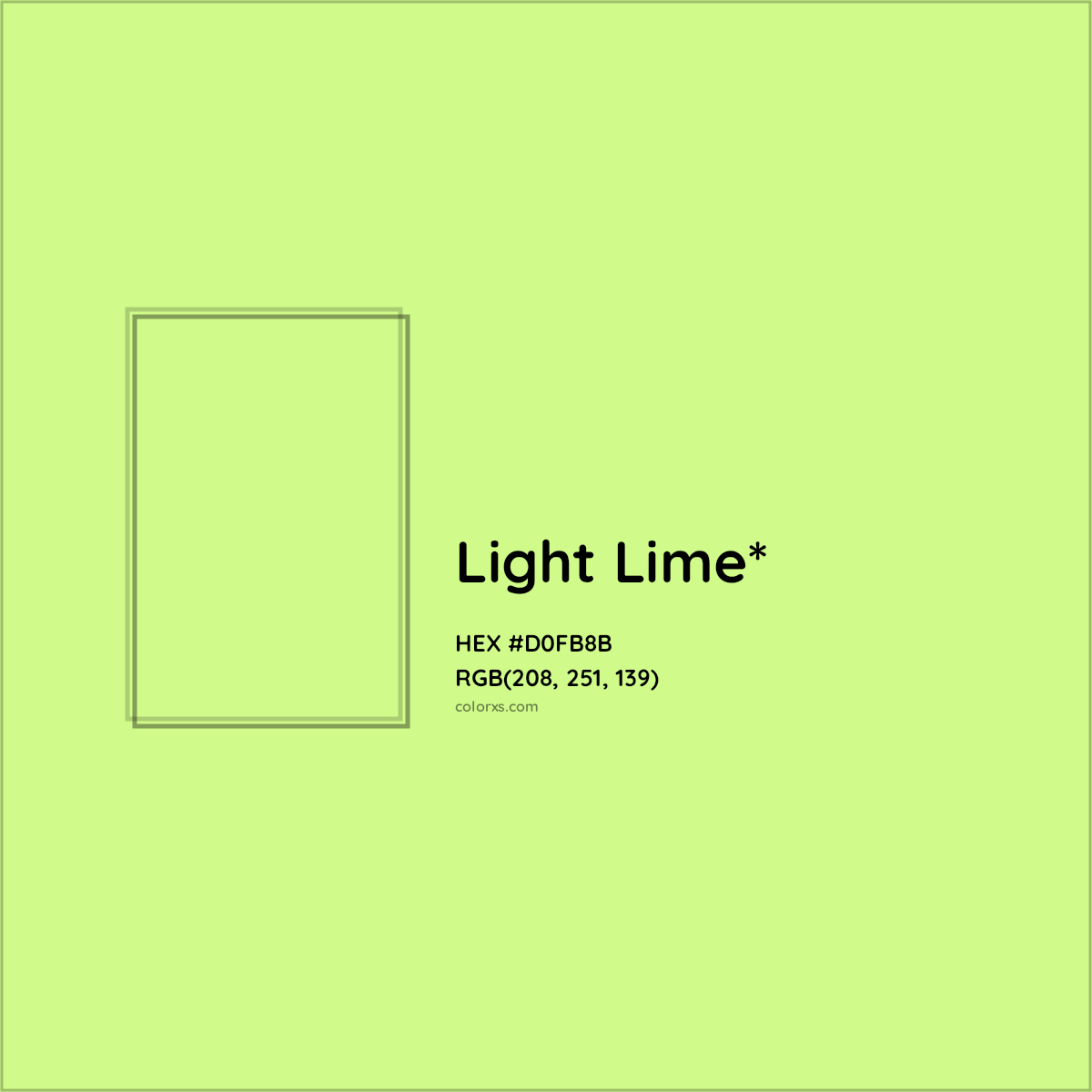 #D0FB8B hex color. RGB, RYB, CMYK, HSL, HSV codes and color conversions. Matching color names, palettes, paints.