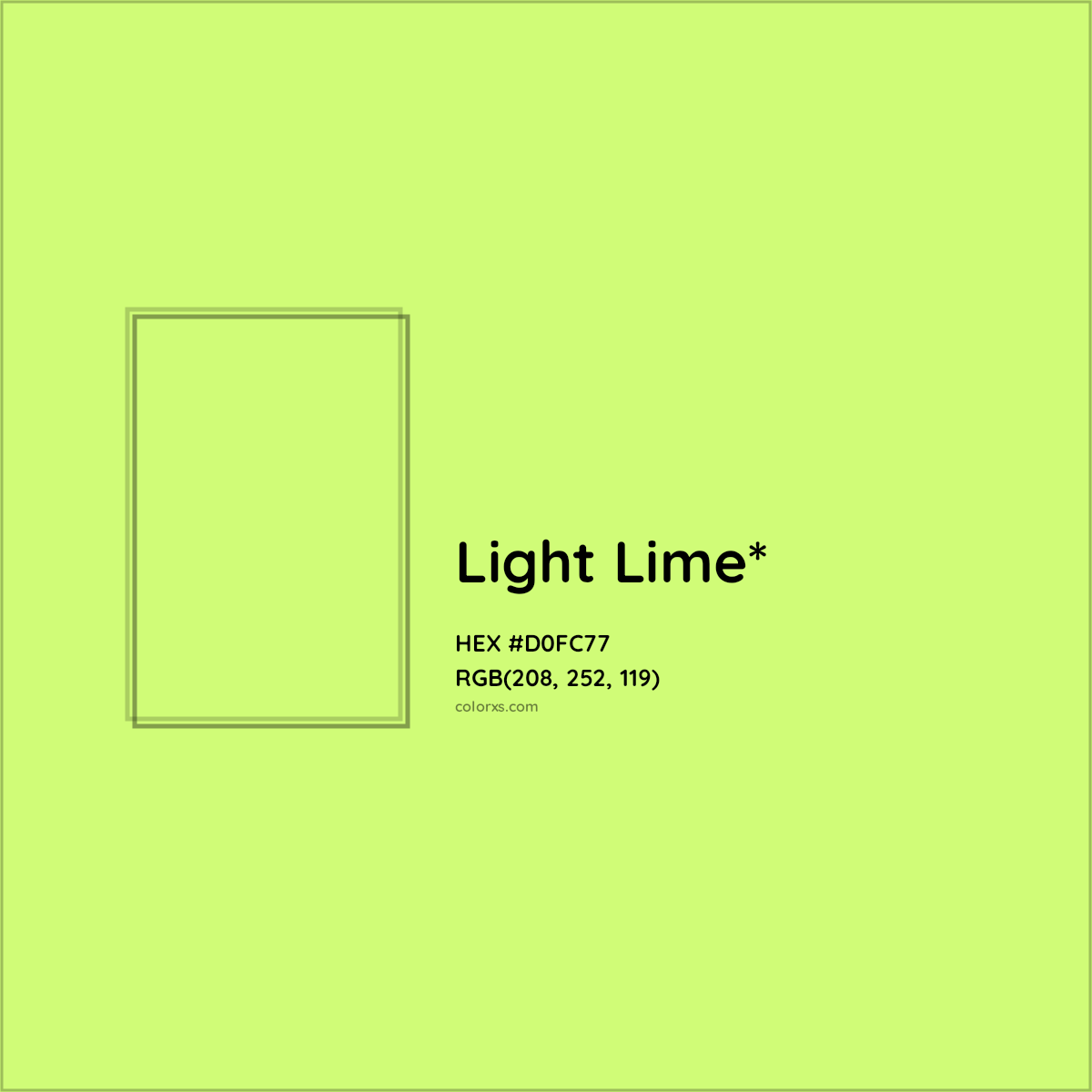 #D0FC77 hex color. RGB, RYB, CMYK, HSL, HSV codes and color conversions. Matching color names, palettes, paints.