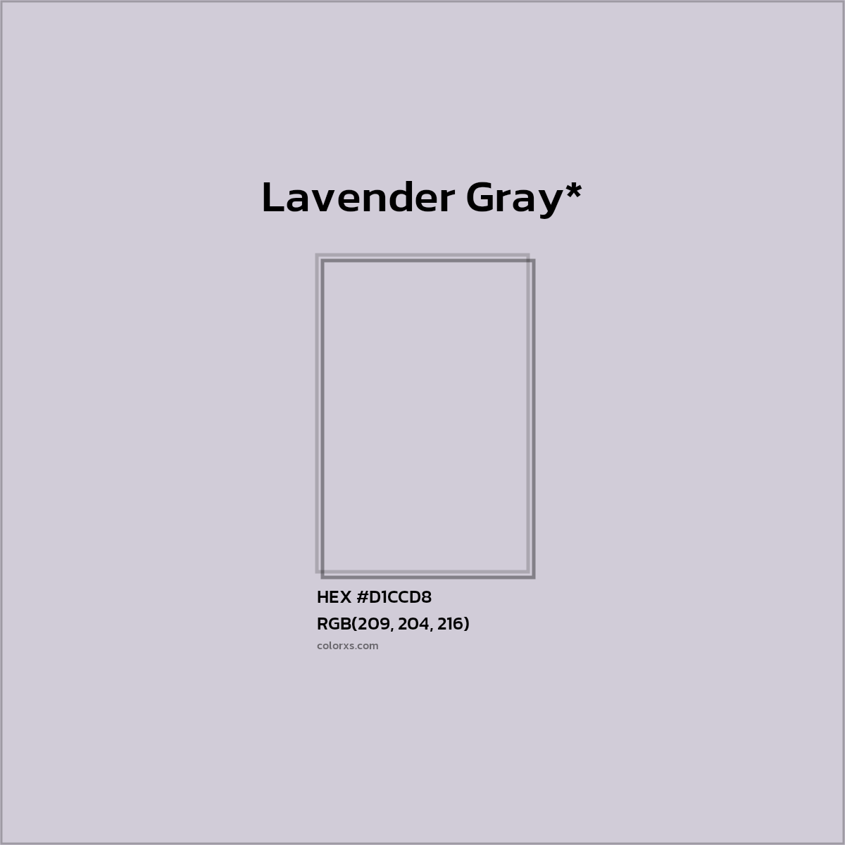 #D1CCD8 hex color. RGB, RYB, CMYK, HSL, HSV codes and color conversions. Matching color names, palettes, paints.