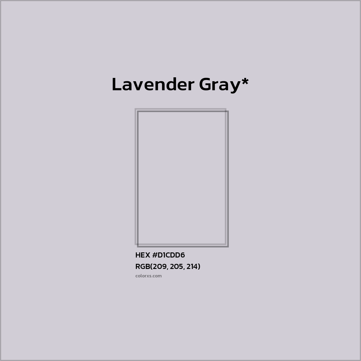#D1CDD6 hex color. RGB, RYB, CMYK, HSL, HSV codes and color conversions. Matching color names, palettes, paints.