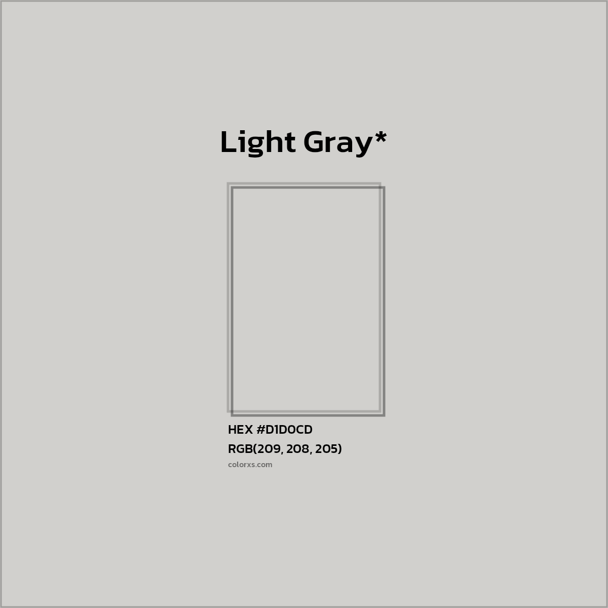 #D1D0CD hex color. RGB, RYB, CMYK, HSL, HSV codes and color conversions. Matching color names, palettes, paints.
