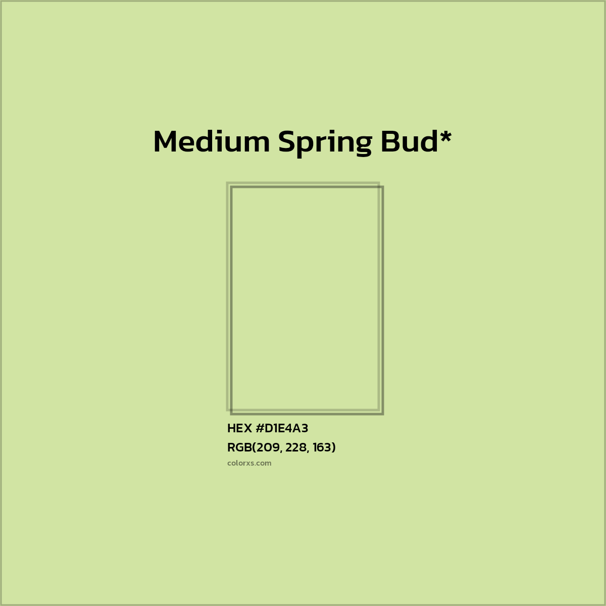 #D1E4A3 hex color. RGB, RYB, CMYK, HSL, HSV codes and color conversions. Matching color names, palettes, paints.