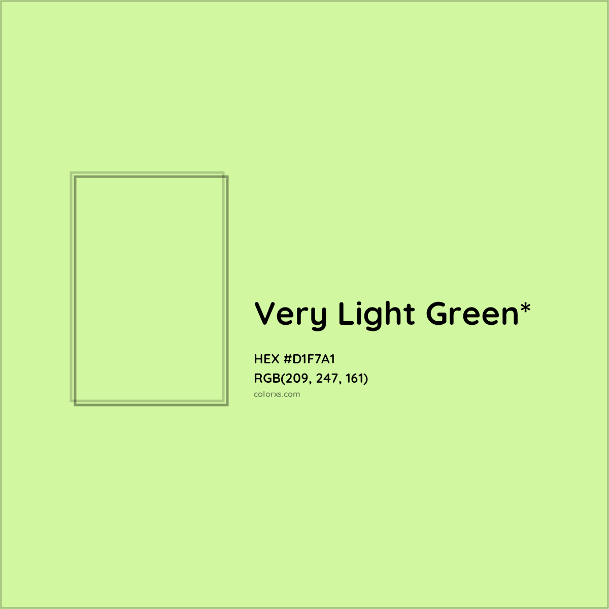 #D1F7A1 hex color. RGB, RYB, CMYK, HSL, HSV codes and color conversions. Matching color names, palettes, paints.