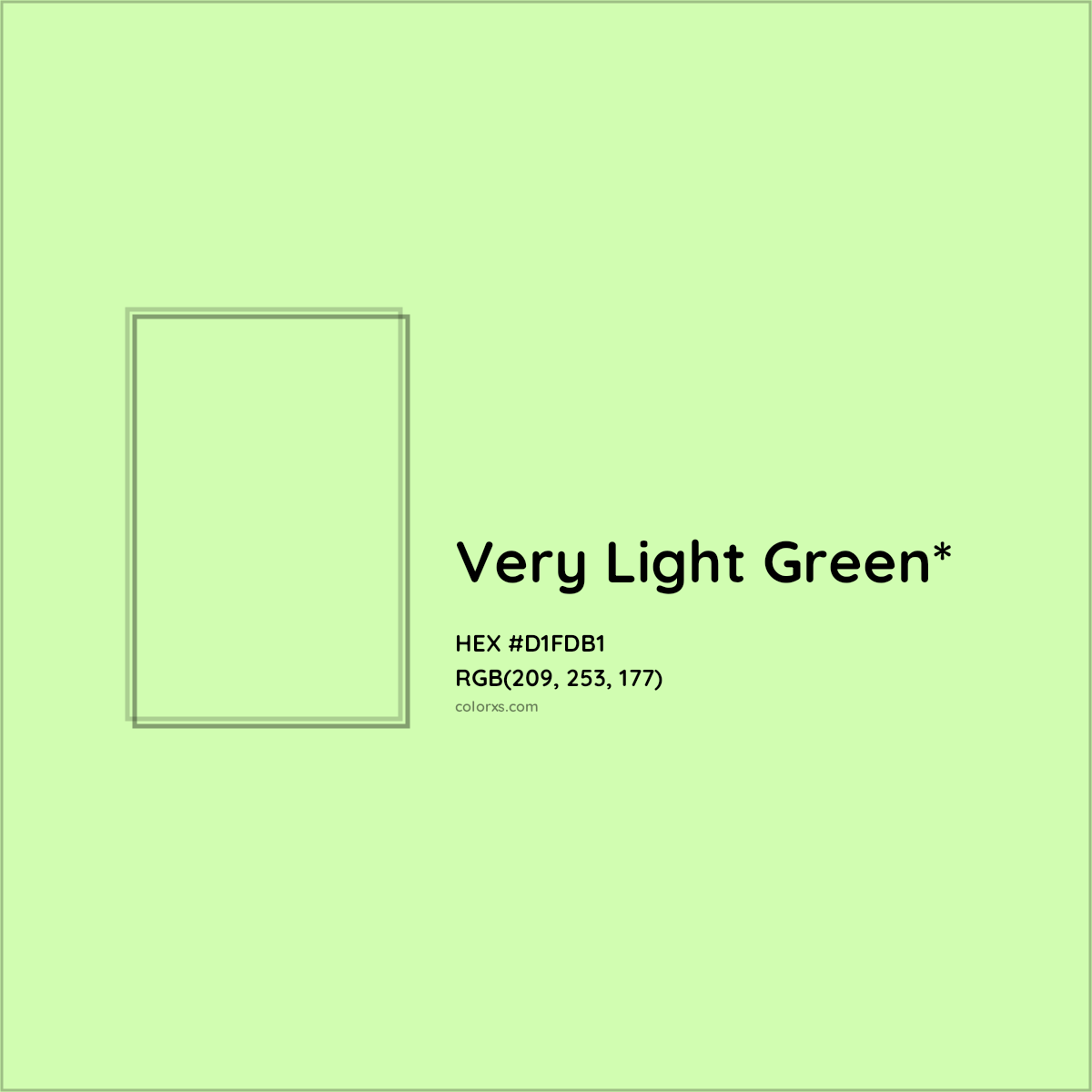 #D1FDB1 hex color. RGB, RYB, CMYK, HSL, HSV codes and color conversions. Matching color names, palettes, paints.