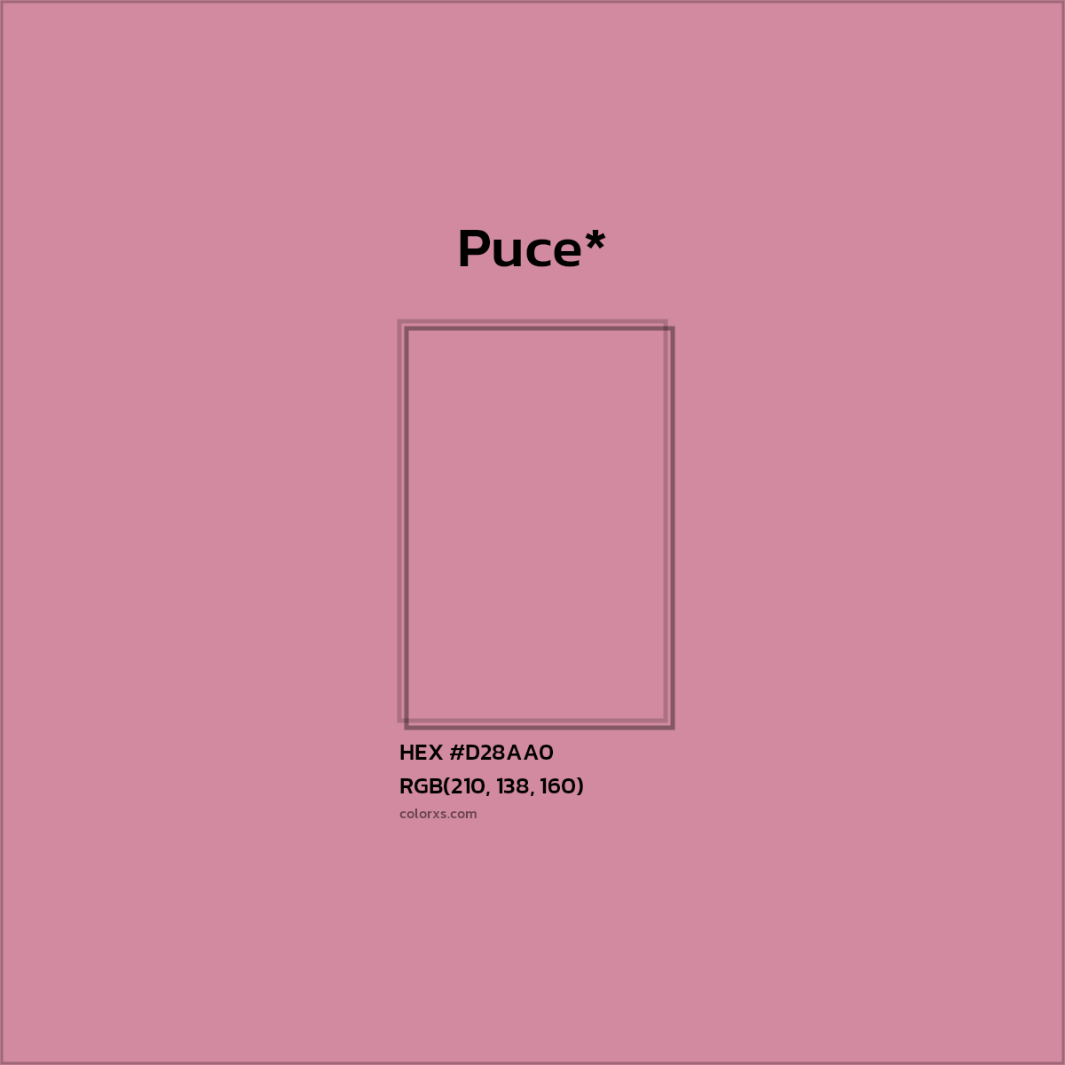 #D28AA0 hex color. RGB, RYB, CMYK, HSL, HSV codes and color conversions. Matching color names, palettes, paints.