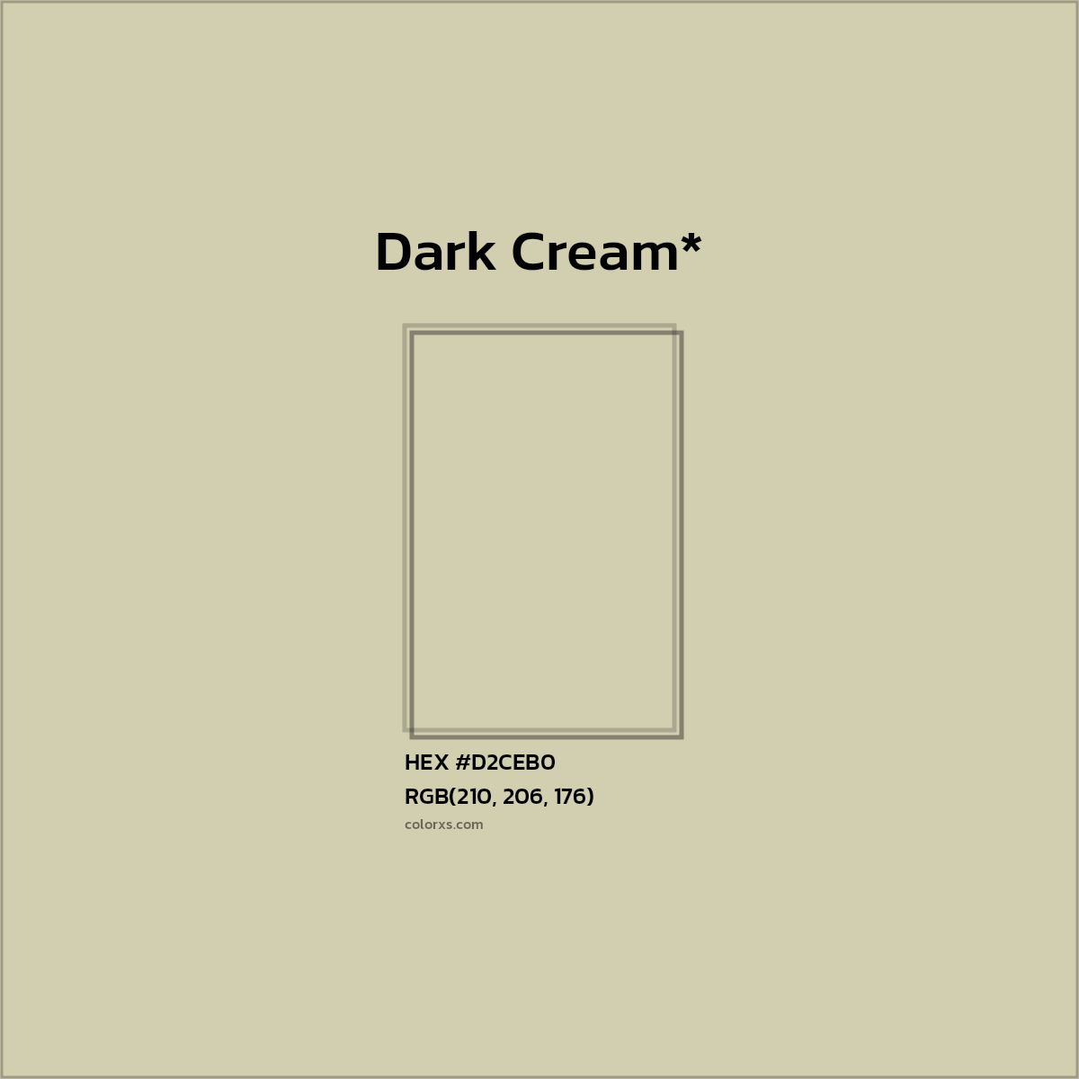 #D2CEB0 hex color. RGB, RYB, CMYK, HSL, HSV codes and color conversions. Matching color names, palettes, paints.