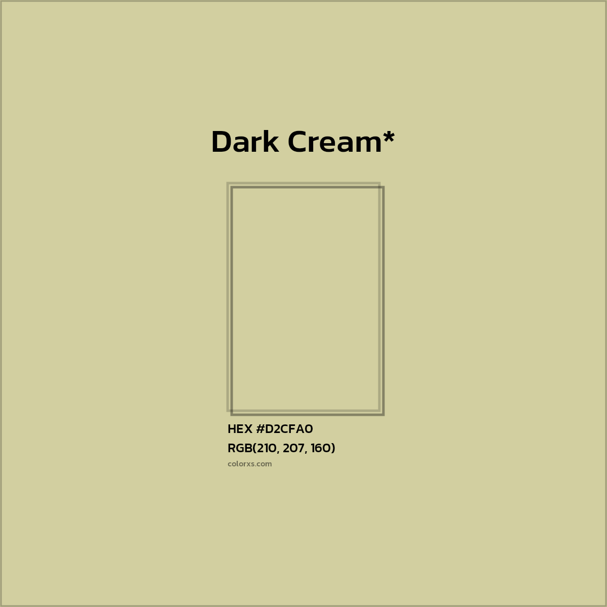 #D2CFA0 hex color. RGB, RYB, CMYK, HSL, HSV codes and color conversions. Matching color names, palettes, paints.
