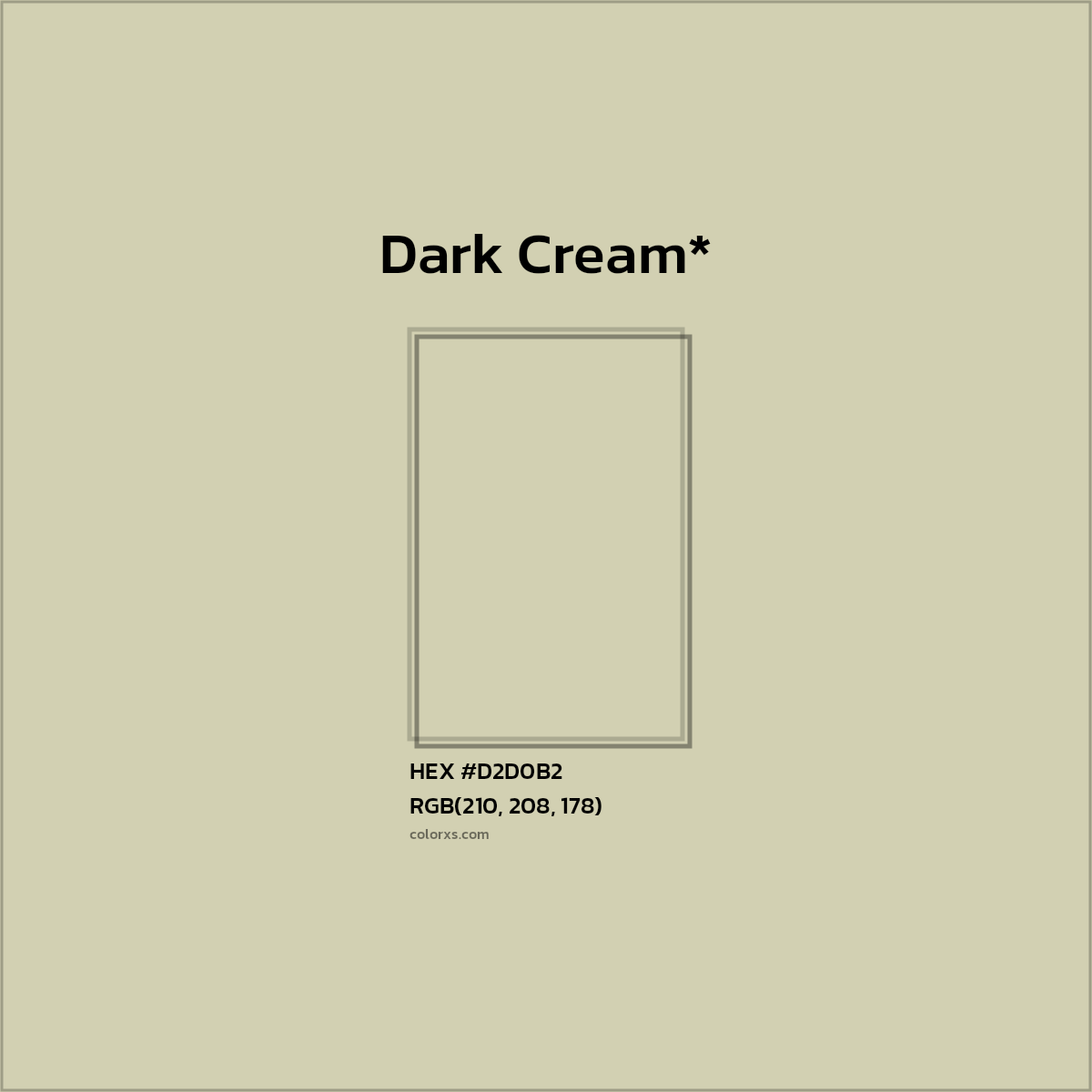 #D2D0B2 hex color. RGB, RYB, CMYK, HSL, HSV codes and color conversions. Matching color names, palettes, paints.