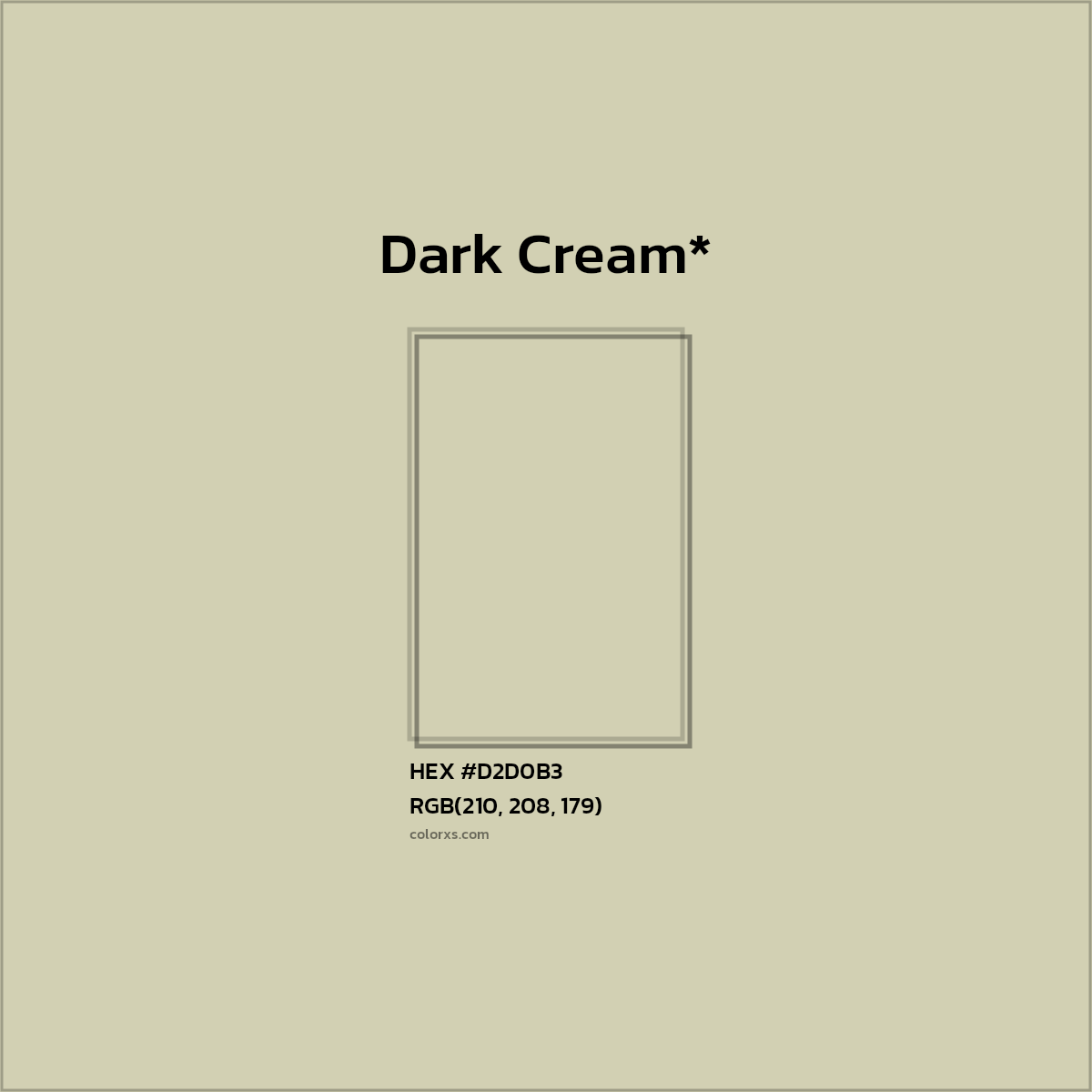 #D2D0B3 hex color. RGB, RYB, CMYK, HSL, HSV codes and color conversions. Matching color names, palettes, paints.