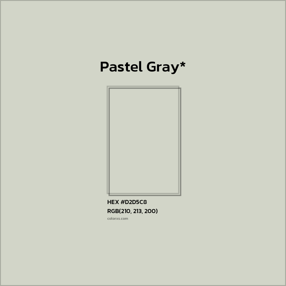 #D2D5C8 hex color. RGB, RYB, CMYK, HSL, HSV codes and color conversions. Matching color names, palettes, paints.