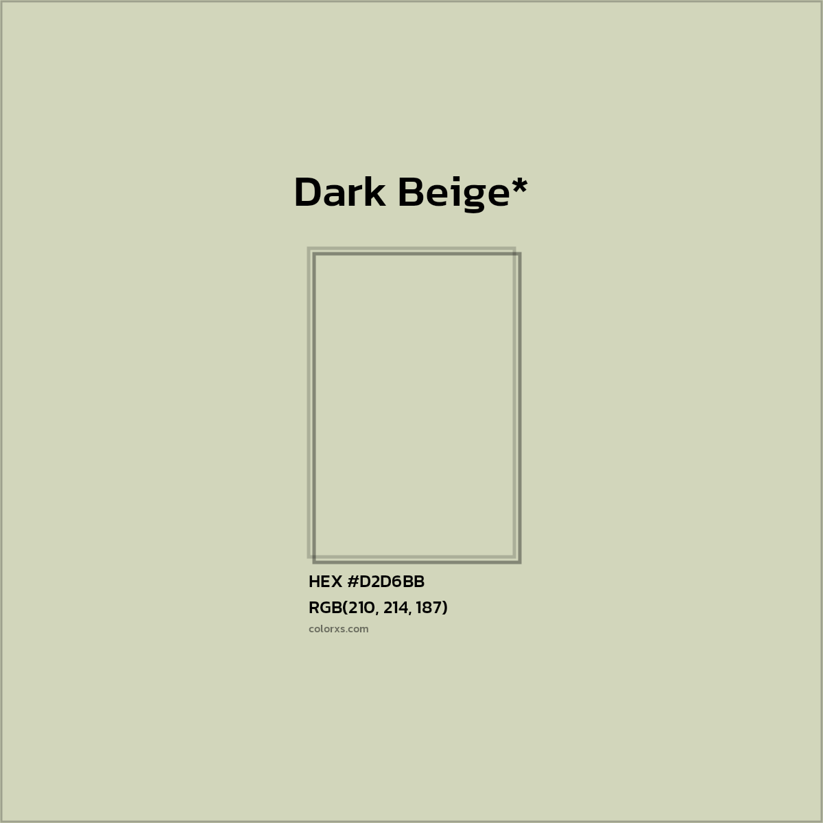 #D2D6BB hex color. RGB, RYB, CMYK, HSL, HSV codes and color conversions. Matching color names, palettes, paints.