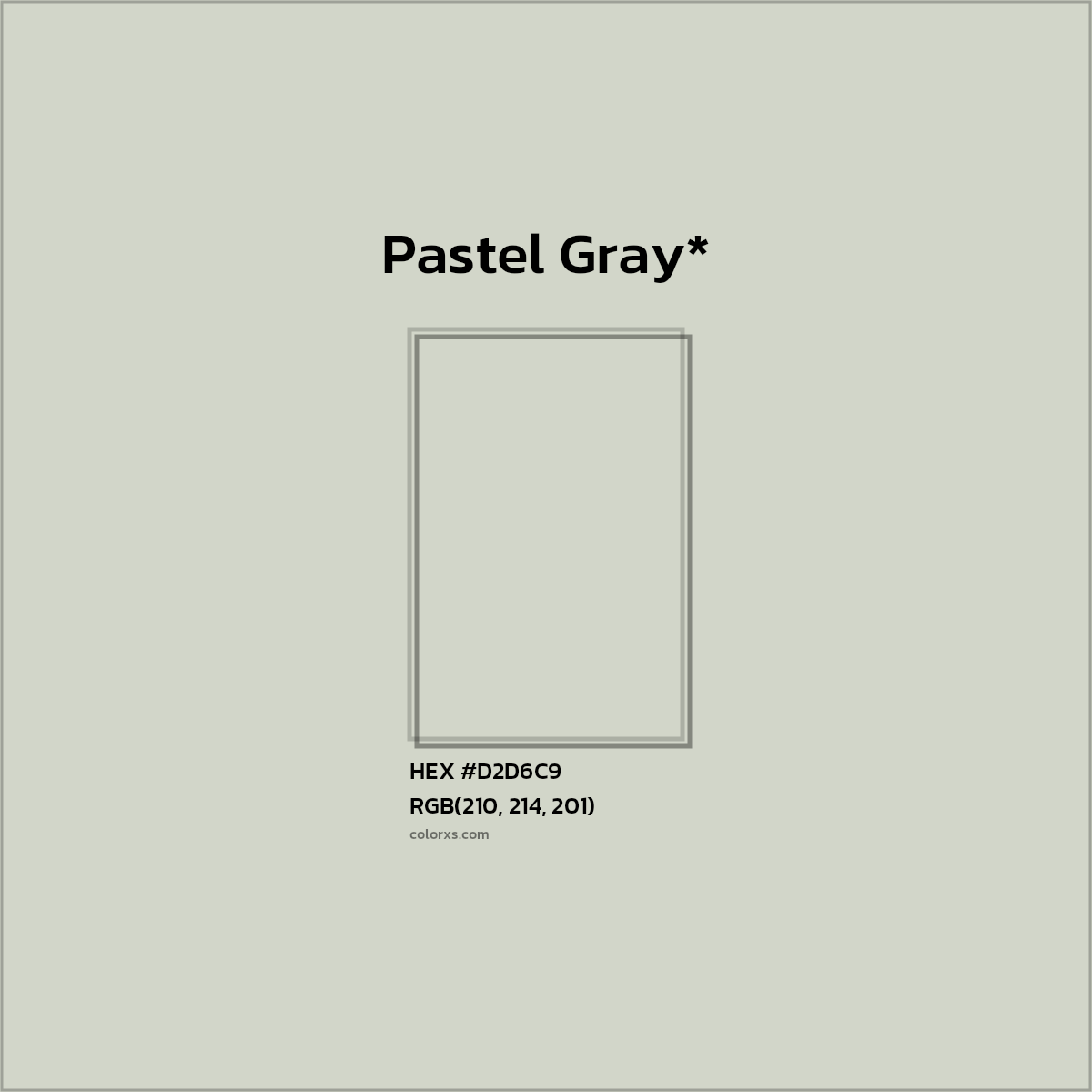 #D2D6C9 hex color. RGB, RYB, CMYK, HSL, HSV codes and color conversions. Matching color names, palettes, paints.