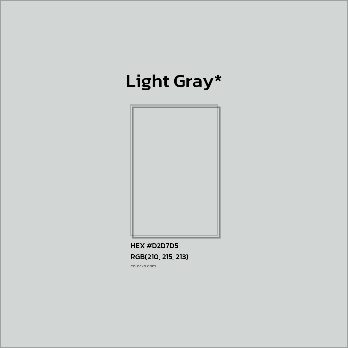 #D2D7D5 hex color. RGB, RYB, CMYK, HSL, HSV codes and color conversions. Matching color names, palettes, paints.