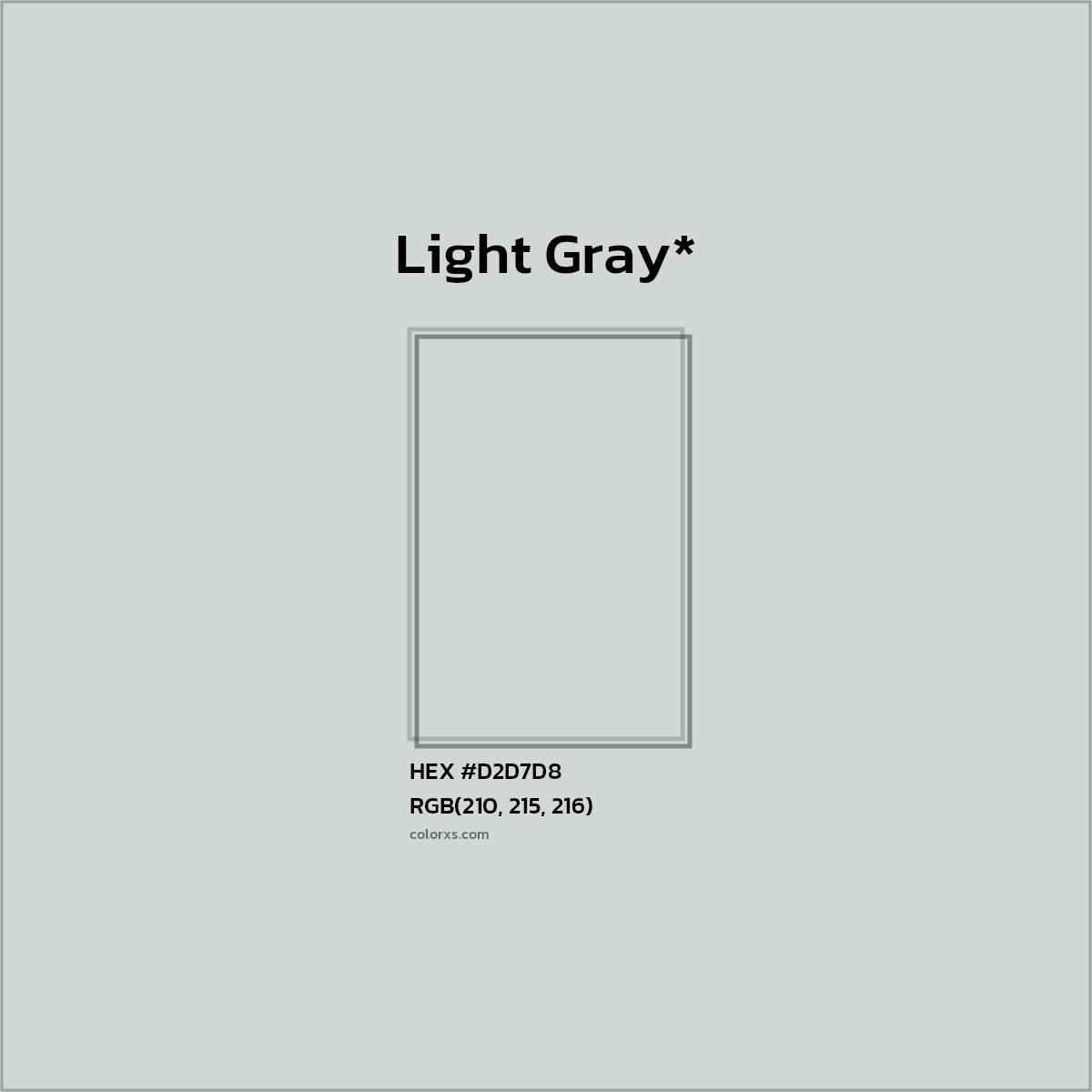 #D2D7D8 hex color. RGB, RYB, CMYK, HSL, HSV codes and color conversions. Matching color names, palettes, paints.