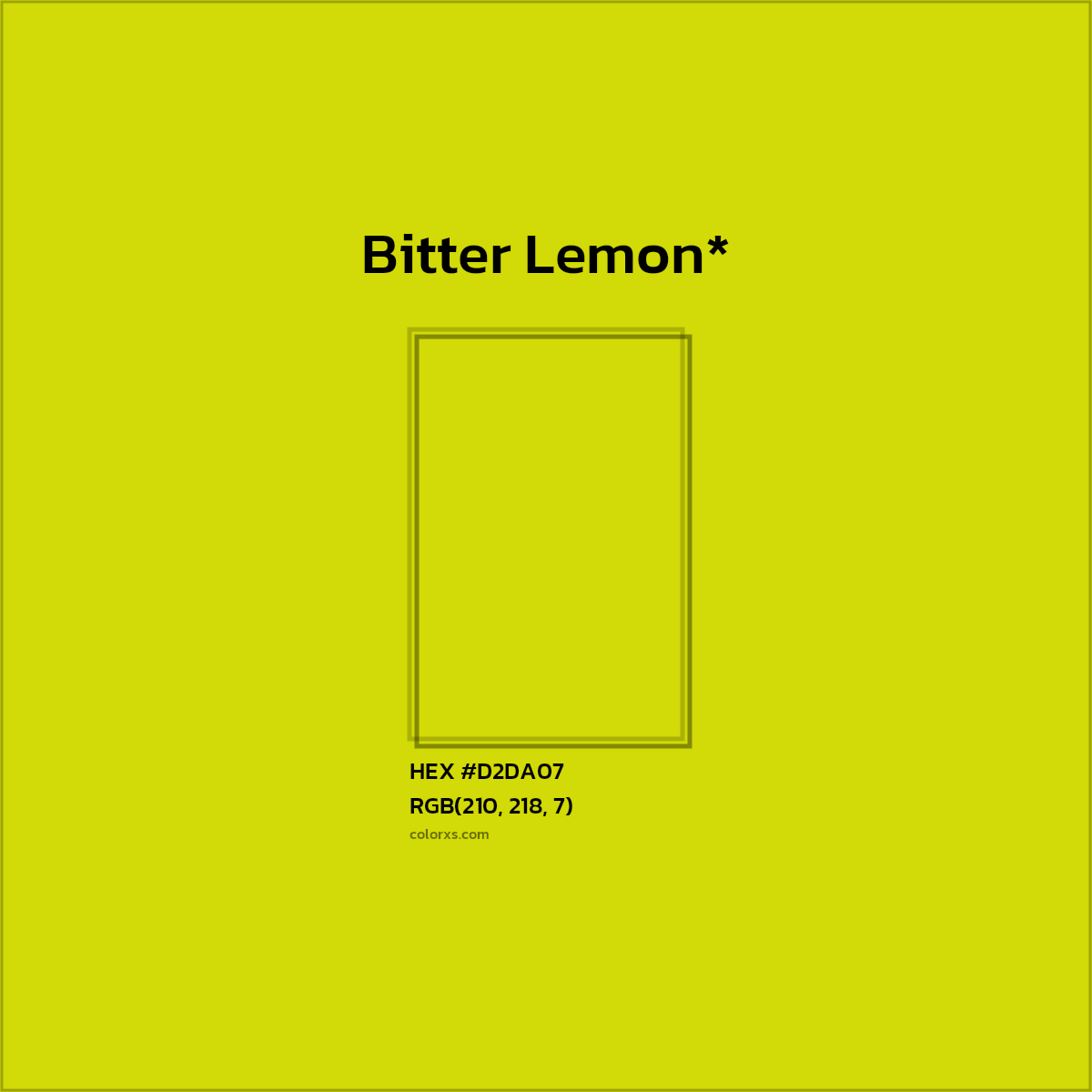 #D2DA07 hex color. RGB, RYB, CMYK, HSL, HSV codes and color conversions. Matching color names, palettes, paints.