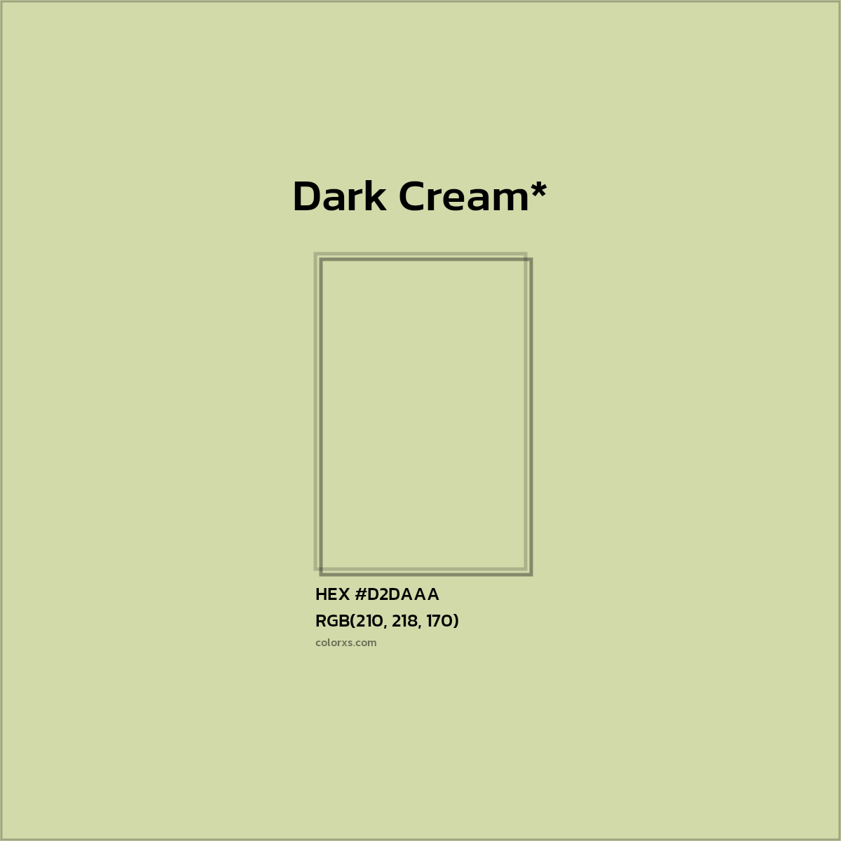 #D2DAAA hex color. RGB, RYB, CMYK, HSL, HSV codes and color conversions. Matching color names, palettes, paints.