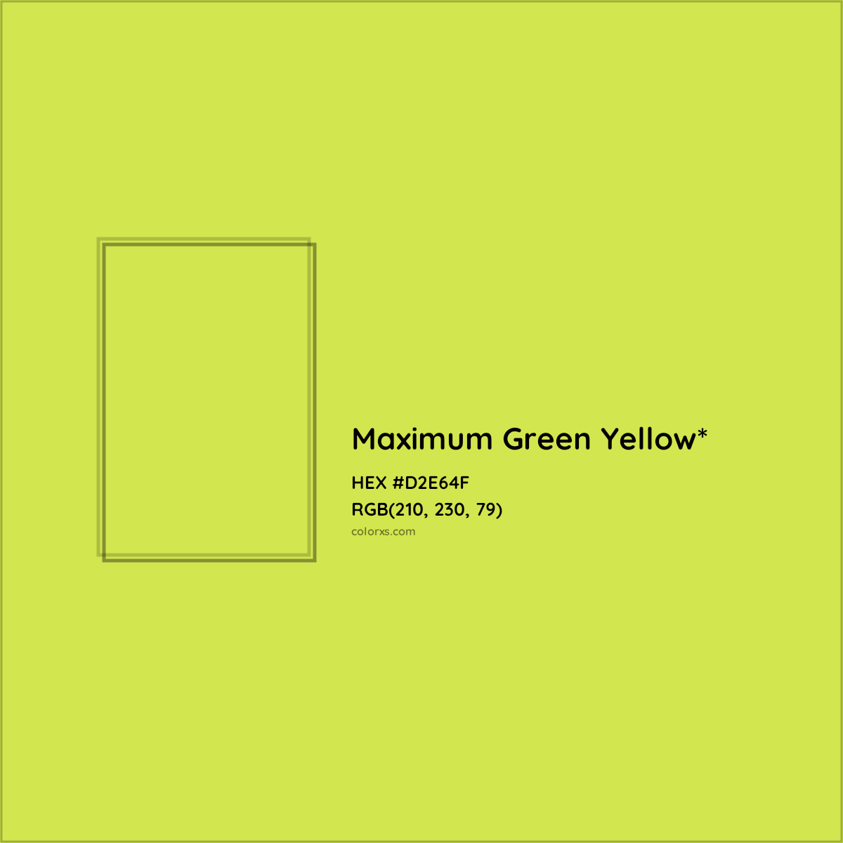 #D2E64F hex color. RGB, RYB, CMYK, HSL, HSV codes and color conversions. Matching color names, palettes, paints.