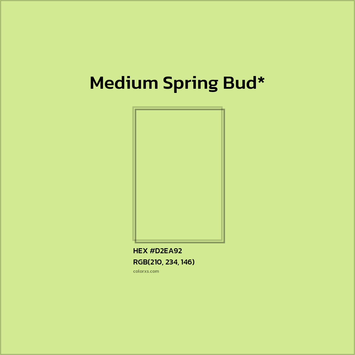 #D2EA92 hex color. RGB, RYB, CMYK, HSL, HSV codes and color conversions. Matching color names, palettes, paints.