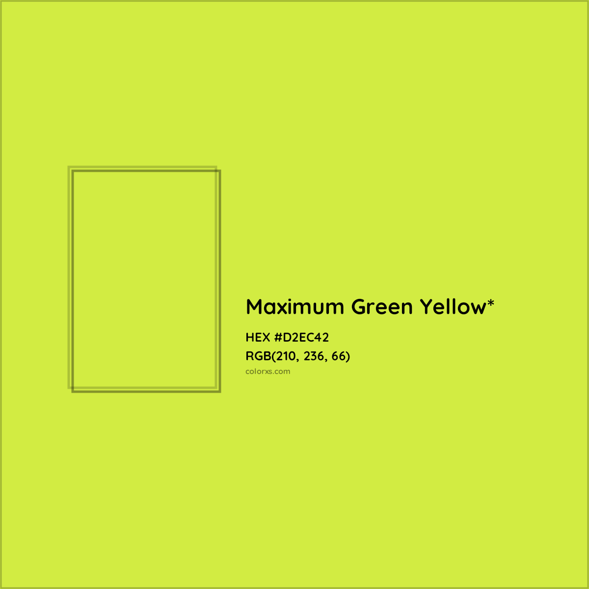 #D2EC42 hex color. RGB, RYB, CMYK, HSL, HSV codes and color conversions. Matching color names, palettes, paints.