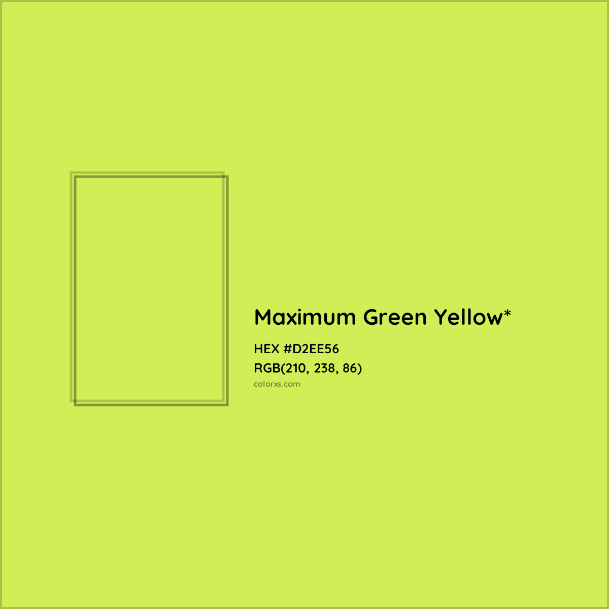 #D2EE56 hex color. RGB, RYB, CMYK, HSL, HSV codes and color conversions. Matching color names, palettes, paints.