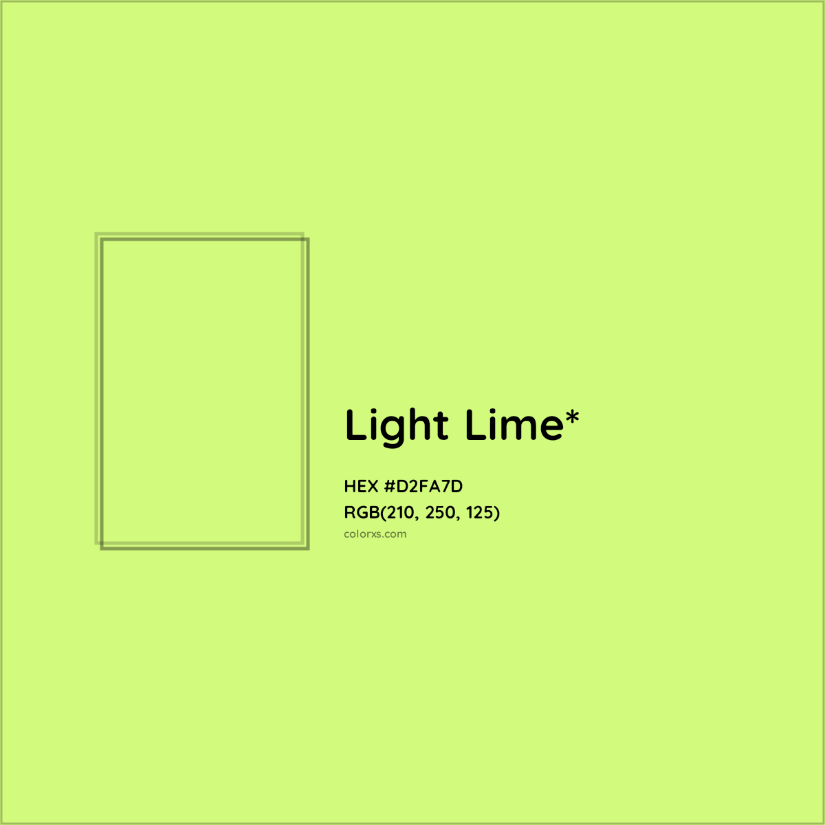 #D2FA7D hex color. RGB, RYB, CMYK, HSL, HSV codes and color conversions. Matching color names, palettes, paints.