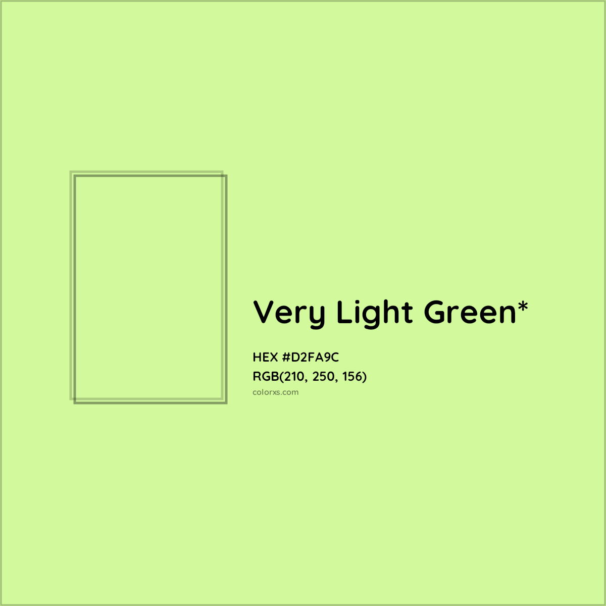 #D2FA9C hex color. RGB, RYB, CMYK, HSL, HSV codes and color conversions. Matching color names, palettes, paints.
